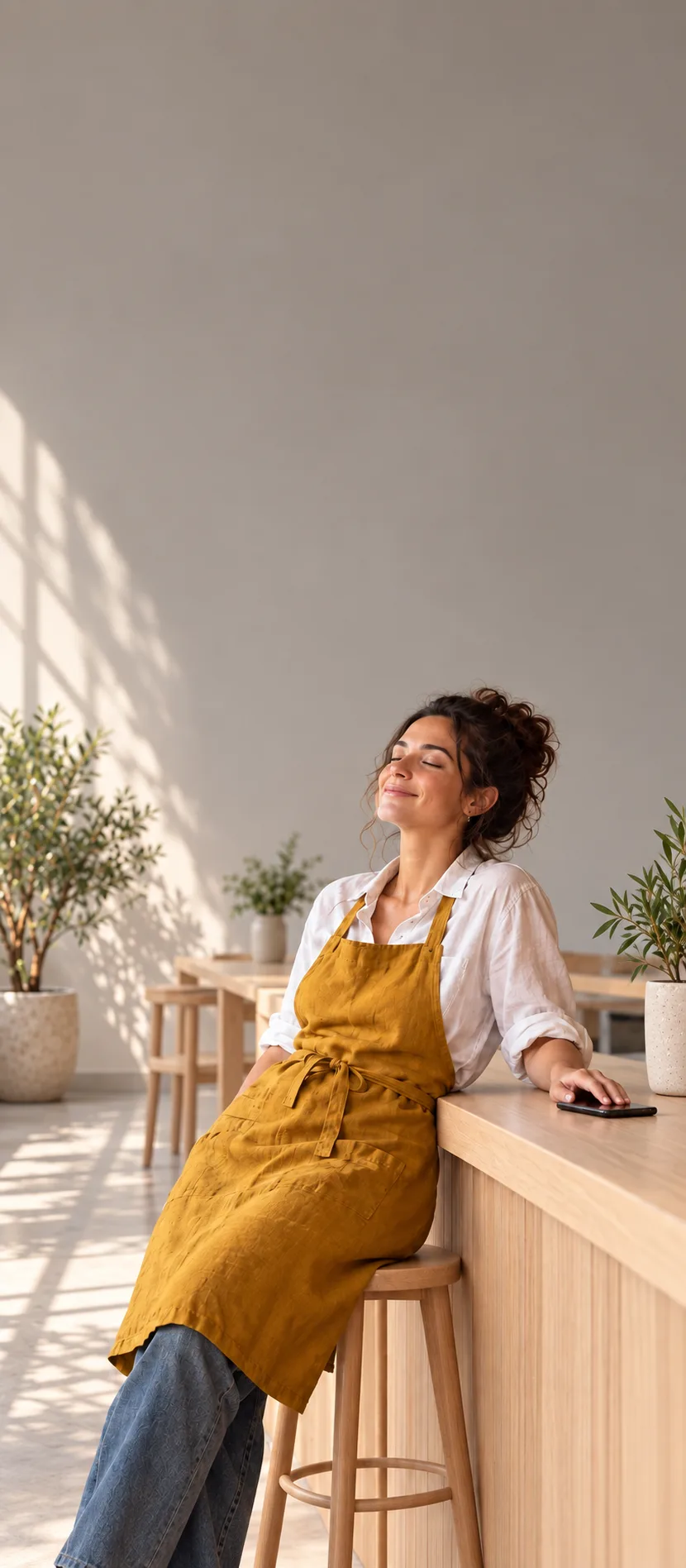 A café owner leaning on her counter, eyes closed, relaxed on a sunny afternoon